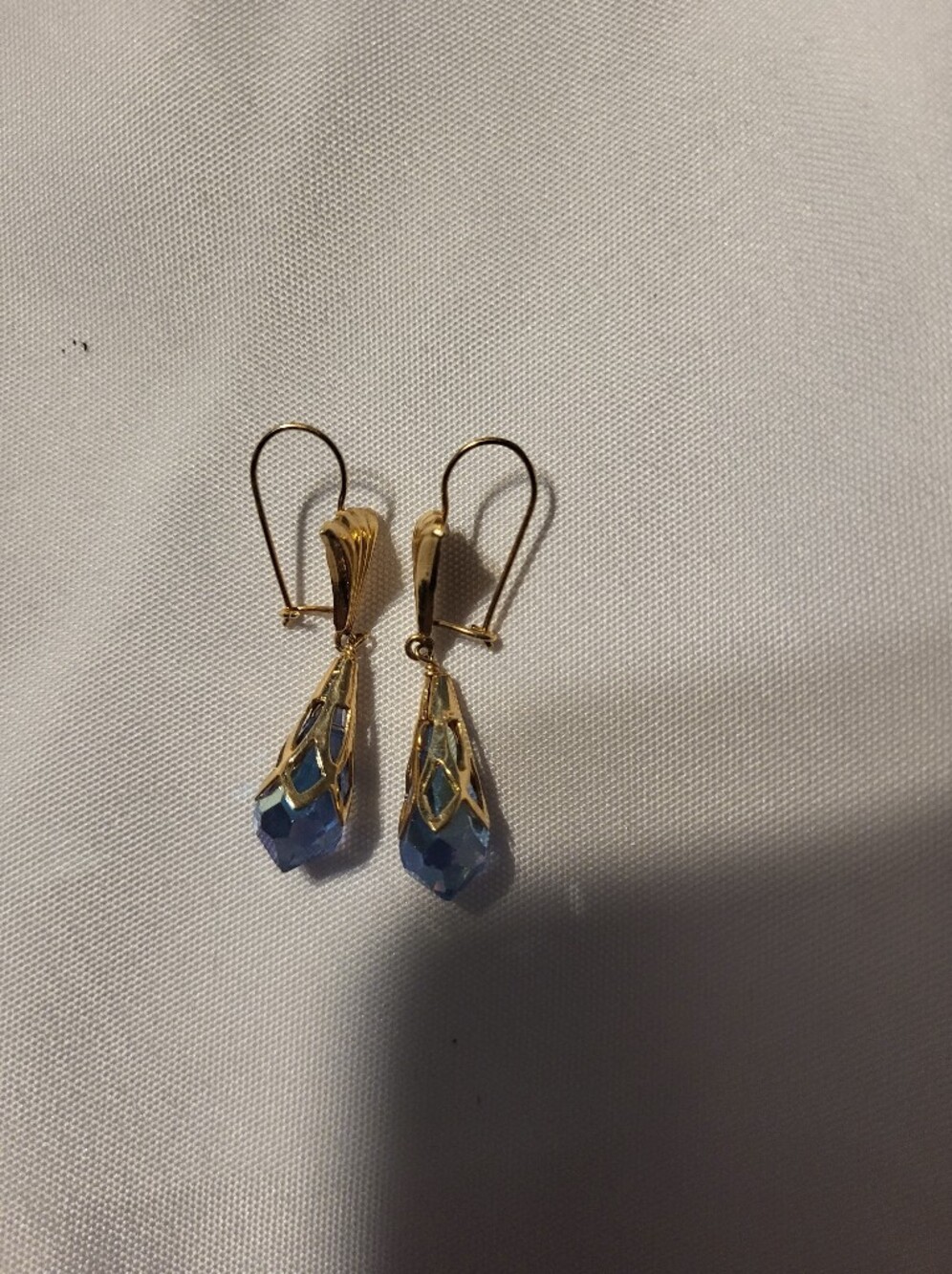 Vintage Solid 14k Blue Crystal Teardrop Earrings Elegant No Scrap 4.4g - Picture 2 of 13